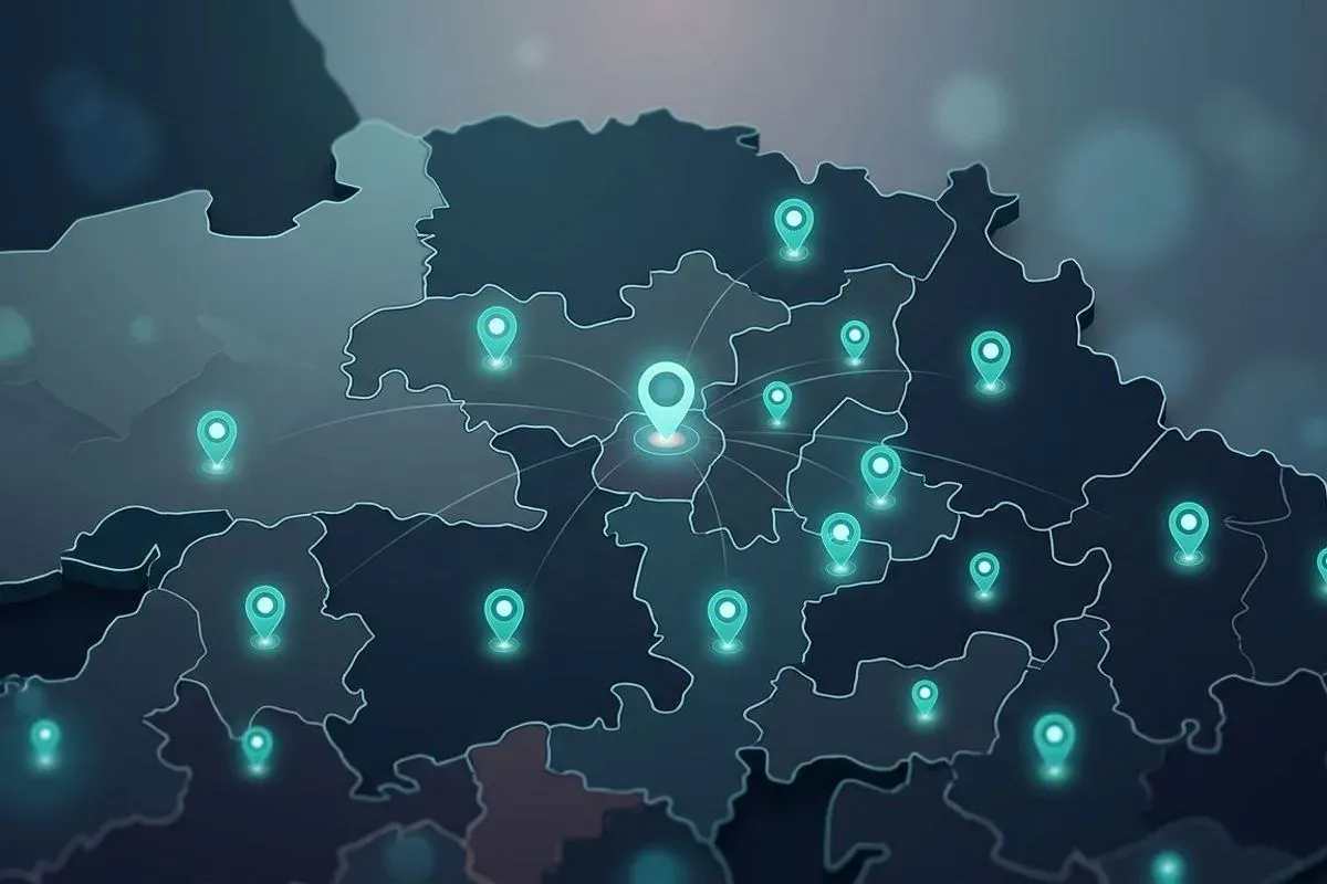 An illustrated dark map with glowing pins scattered across it, marking the towns served from one studio.