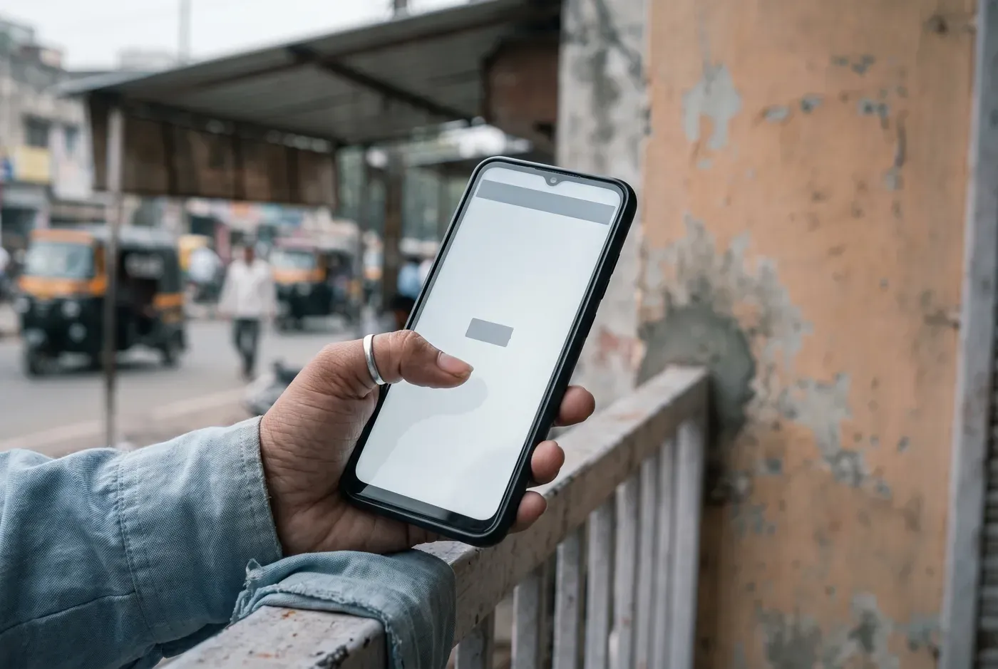 A hand holding a phone at an Indian roadside, the screen still mostly blank while a page loads.