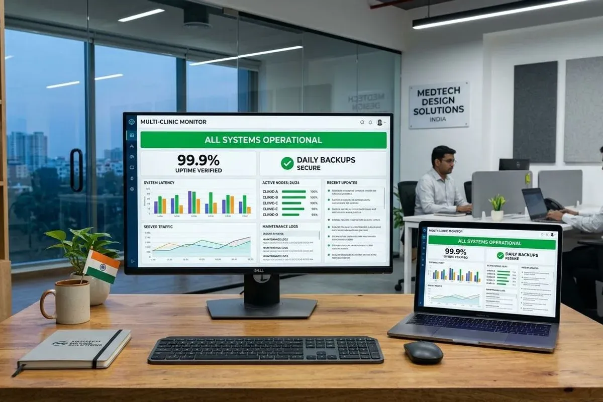 A monitoring dashboard on a studio screen, uptime and performance for a clinic site shown at a glance.