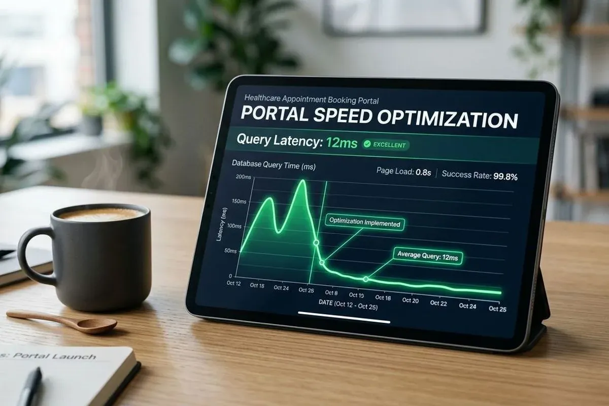 A load-time chart on a laptop showing a page rendering well inside its target on a mobile connection.