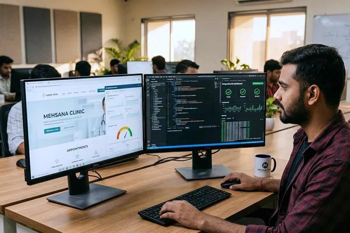 A developer at a desk in the studio, reviewing a clinic site's performance readings on one screen while its code is open on another.