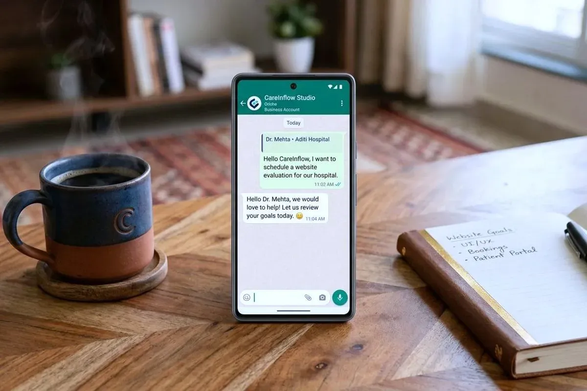 A WhatsApp conversation on a phone: a patient sending an enquiry after hours, and a reply from the practice the following morning.
