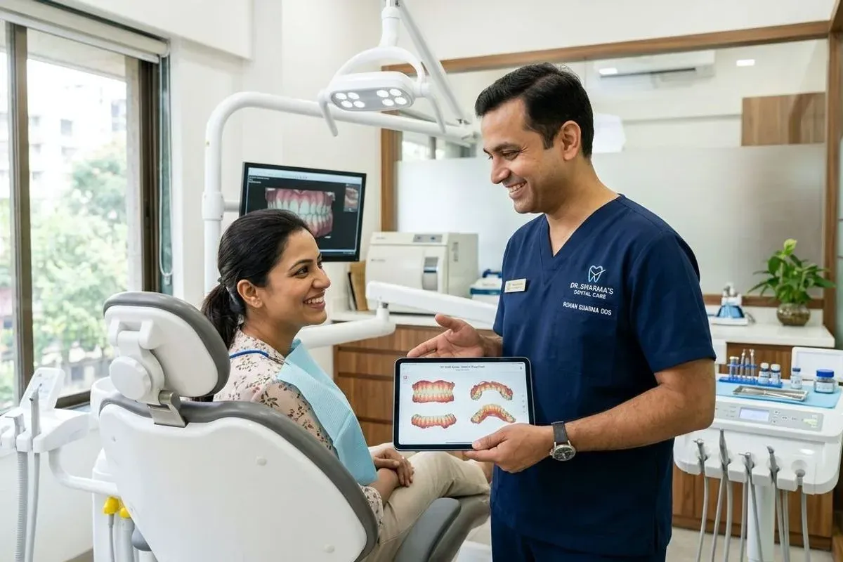 A dentist showing a patient a 3D scan of their jaw on a tablet, both looking at the screen together.