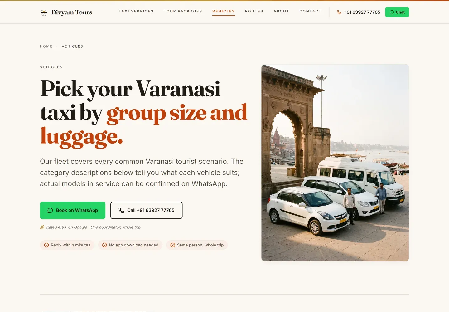The vehicles page, headed Pick your Varanasi taxi by group size and luggage, with a photograph of the fleet parked at the ghats.