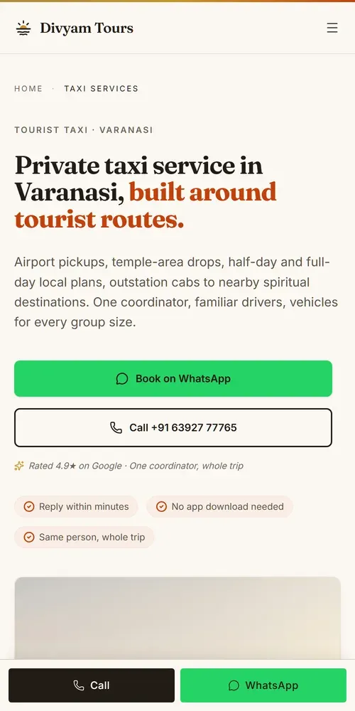 The same taxi services page on a phone, the heading stacked above a full-width Book on WhatsApp button.