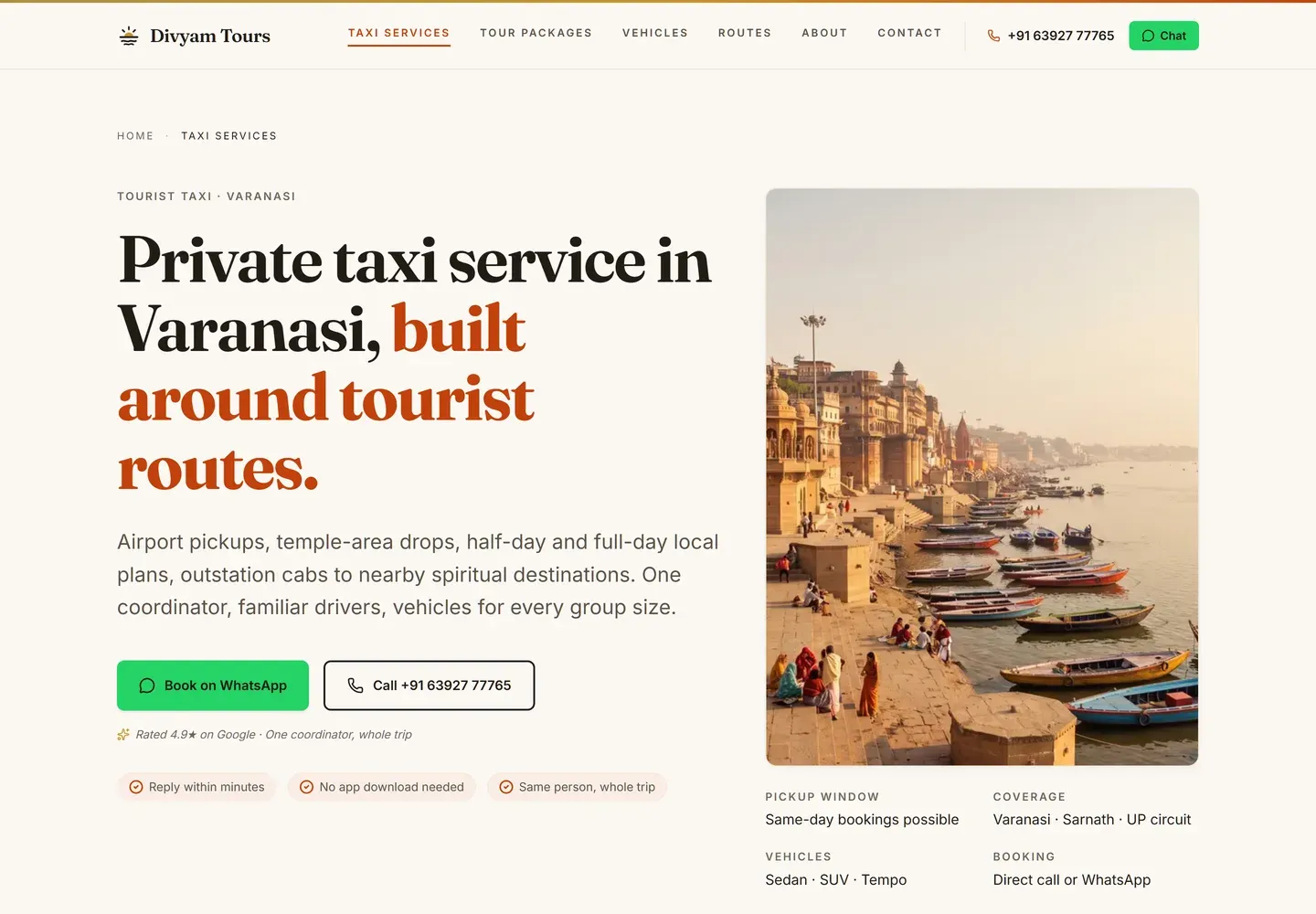 The taxi services page, headed Private taxi service in Varanasi built around tourist routes, with WhatsApp and call buttons and a panel listing pickup window, coverage, vehicles and booking method.