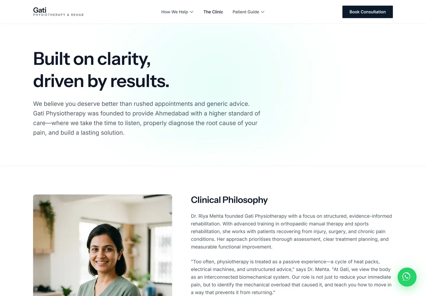 The clinic page, headed Built on clarity, driven by results, with a portrait of the practitioner beside a Clinical Philosophy section quoting her on treating the body as an interconnected system.