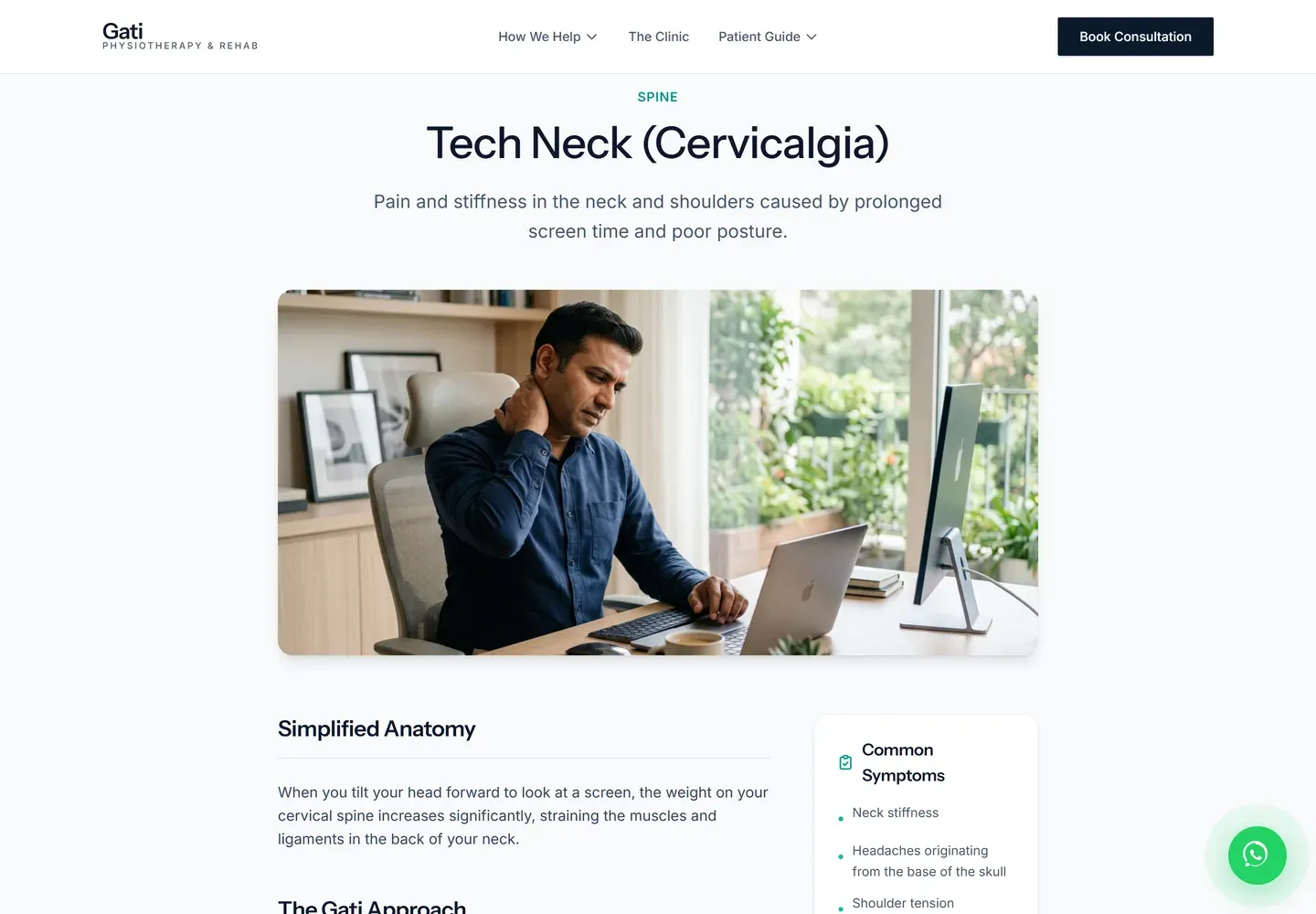 The Tech Neck condition page, with the clinical term Cervicalgia in brackets after it, a photograph of a man at a desk holding his neck, a Simplified Anatomy section and a Common Symptoms panel listing neck stiffness and headaches.