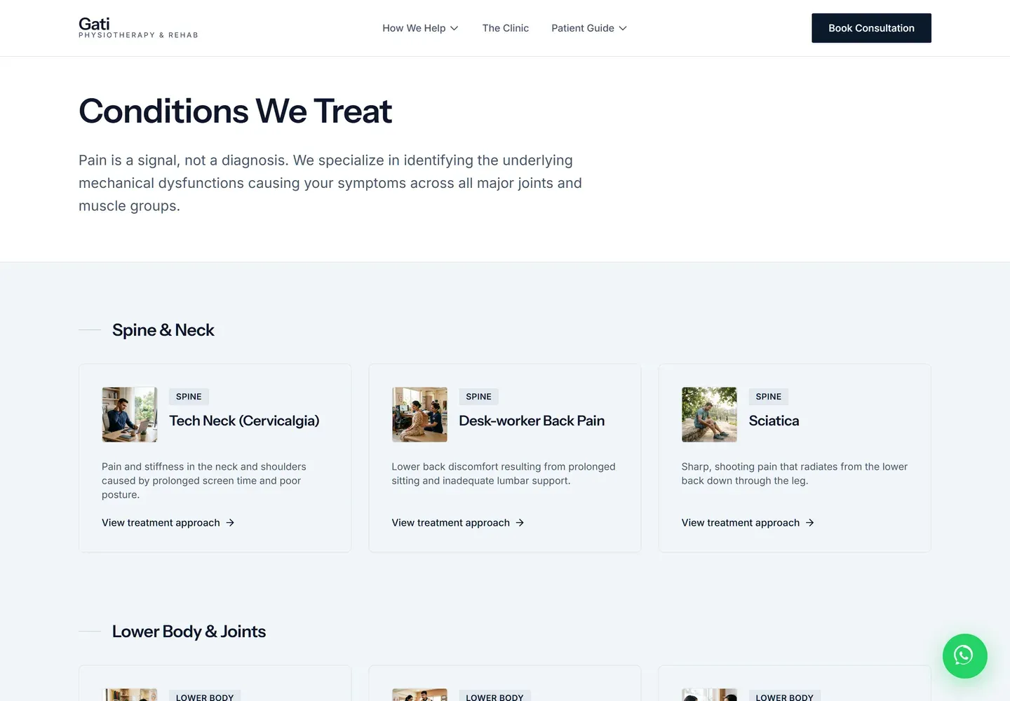 The conditions page, headed Conditions We Treat, with cards grouped under Spine and Neck showing Tech Neck (Cervicalgia), Desk-worker Back Pain and Sciatica, and a Lower Body and Joints group beginning below.