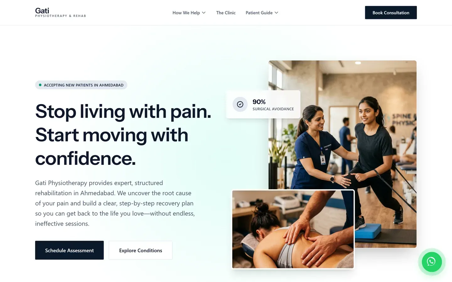 The homepage of a sample physiotherapy clinic site, headed Stop living with pain, with two booking buttons and photographs of a therapist working with patients in a rehabilitation gym.