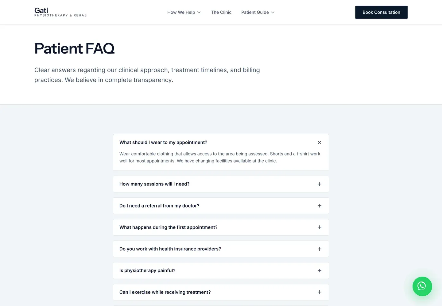 The patient FAQ page, an expanding list with the first answer open, showing questions on how many sessions are needed, whether a doctor referral is required and whether physiotherapy is painful.