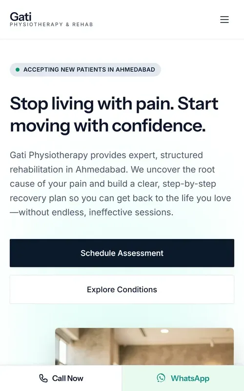 The sample physiotherapy homepage on a phone, with the headline and booking buttons stacked, and a fixed bar along the bottom of the screen offering Call Now and WhatsApp.
