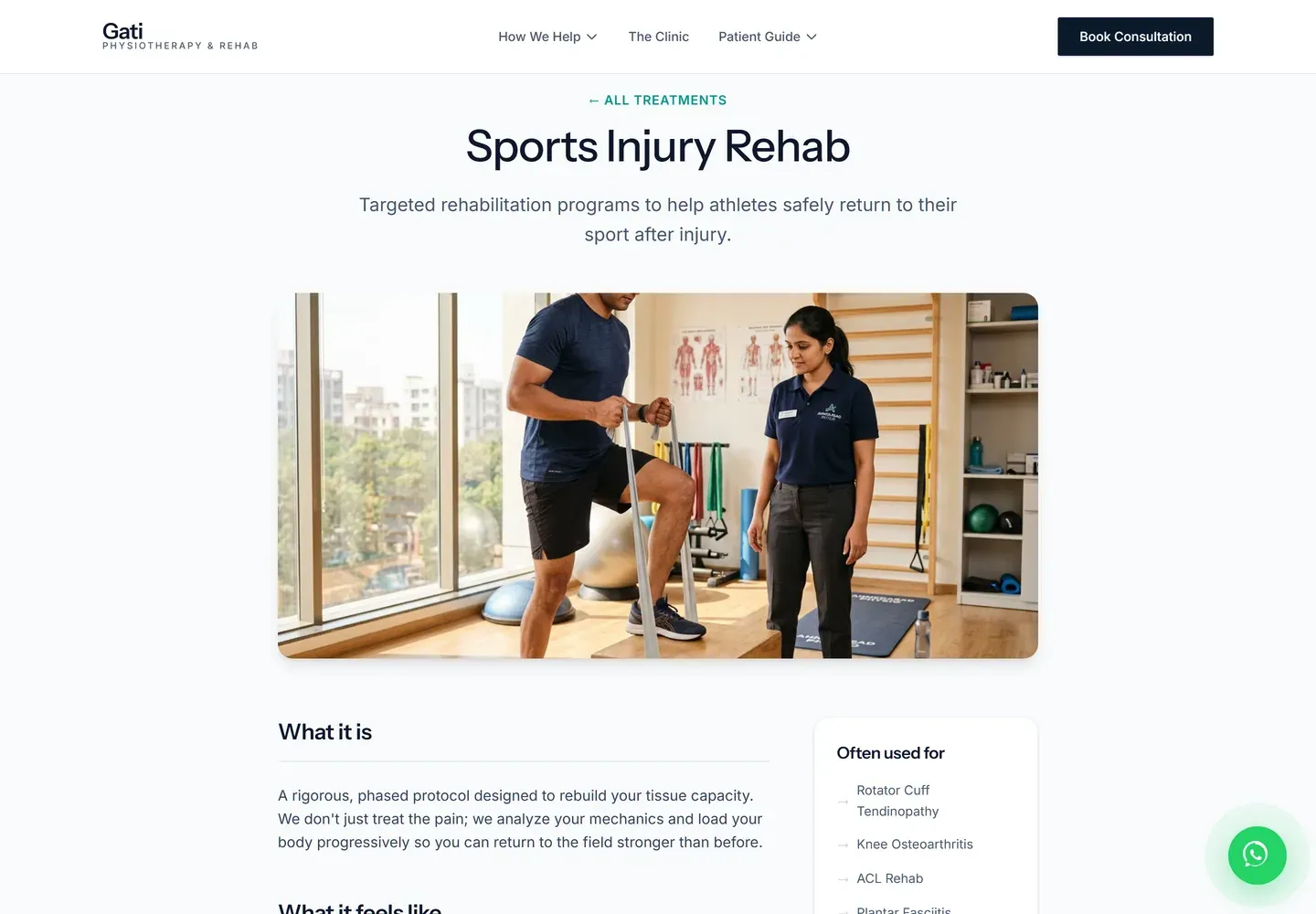The sports injury rehabilitation treatment page, with What it is and What it feels like sections and an Often used for panel listing rotator cuff tendinopathy, knee osteoarthritis, ACL rehab and plantar fasciitis.