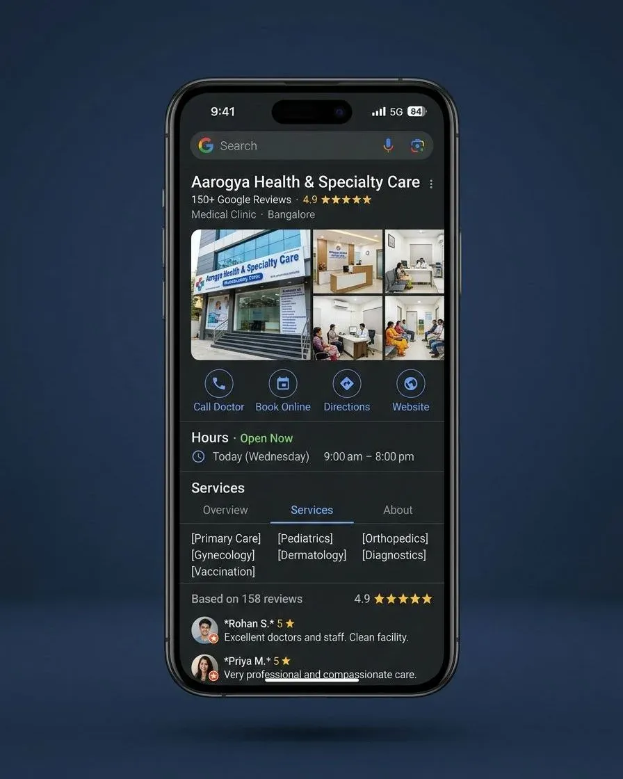 A completed Google Business Profile on a phone showing the practice name, photographs of the building and reception, opening hours, and call and directions buttons.