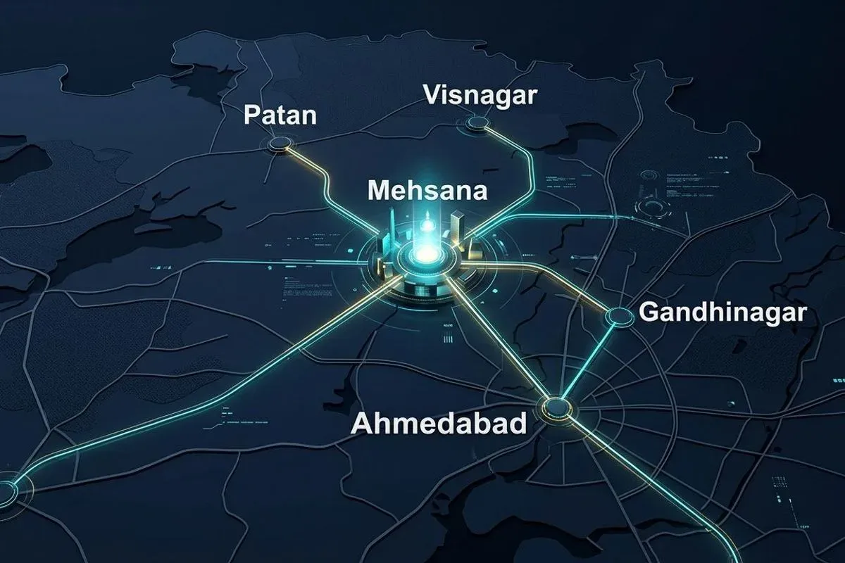 An illustrated map of North Gujarat with Mehsana lit at the centre and lines running out to Patan, Visnagar, Gandhinagar and Ahmedabad.