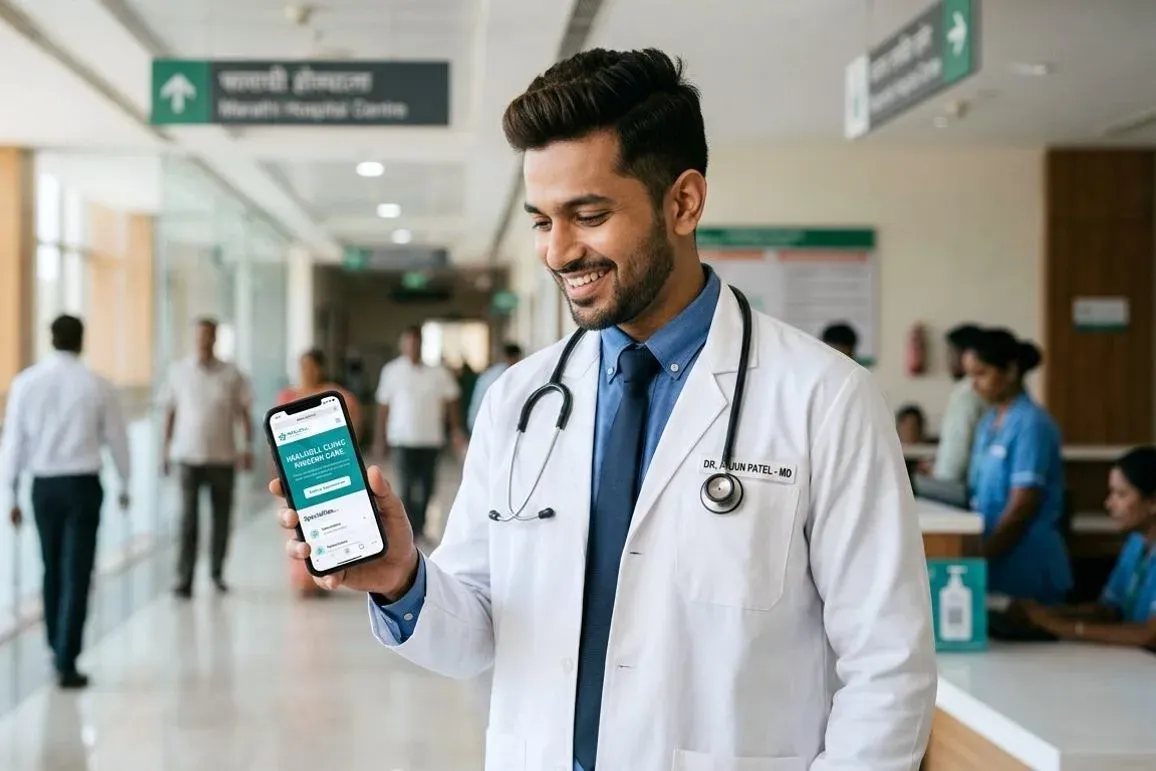 A doctor standing in a busy hospital corridor, smiling at their practice website open on a mobile phone.