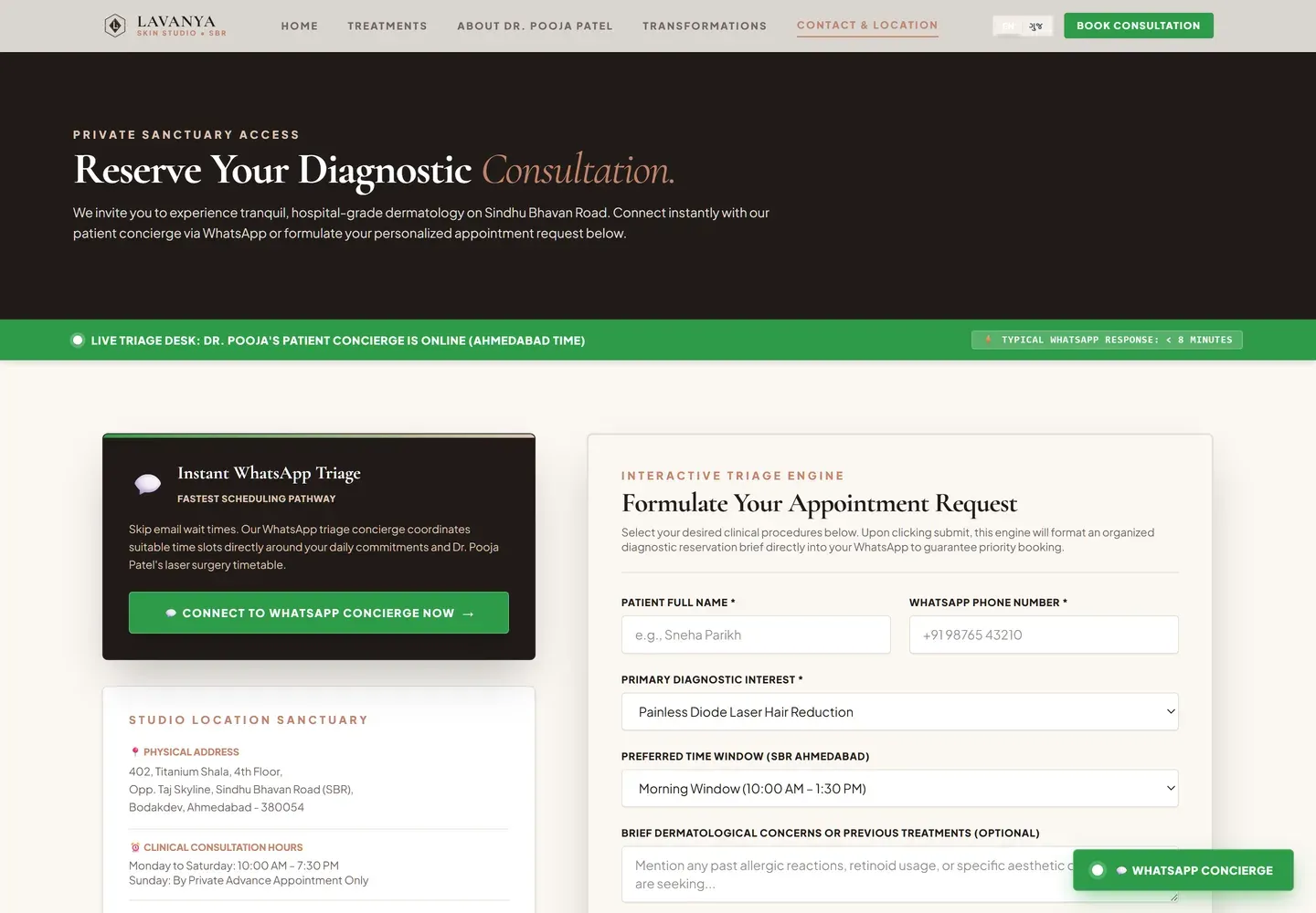 The contact page, with a WhatsApp panel on the left and a structured appointment form on the right asking for name, number, treatment and preferred time.