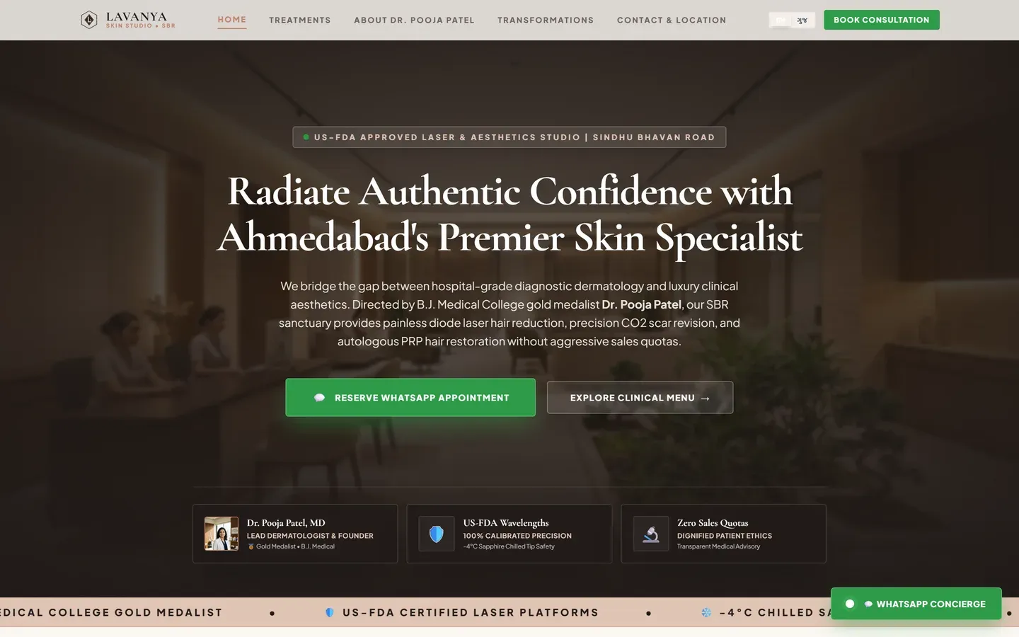 The homepage of a sample dermatology clinic site, with a serif headline over a dim treatment-room photograph, two booking buttons and a row of credential cards beneath.