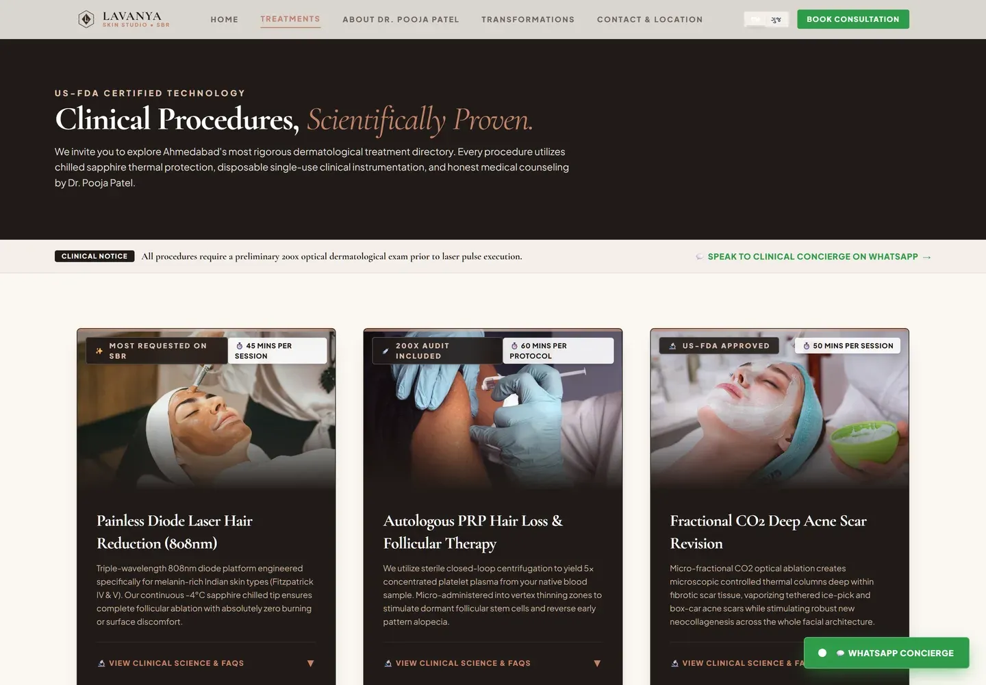 The treatments page, with three procedure cards side by side, each showing a photograph, the time per session and an expandable clinical FAQ.