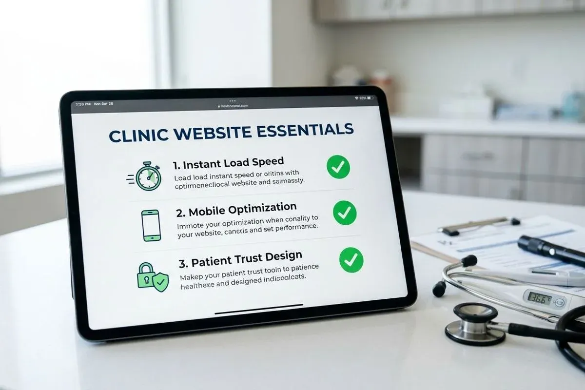 A tablet on a desk showing a clinic website checklist, a stethoscope resting beside it.