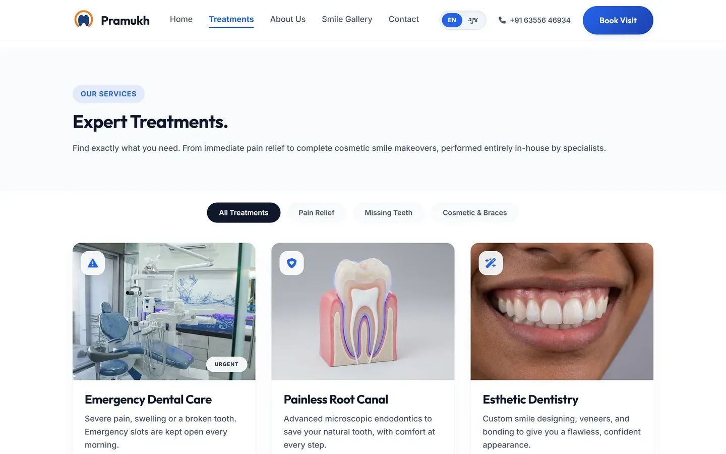 The Pramukh Dental treatments page on desktop, showing filterable treatment cards with photographs and plain-language descriptions.