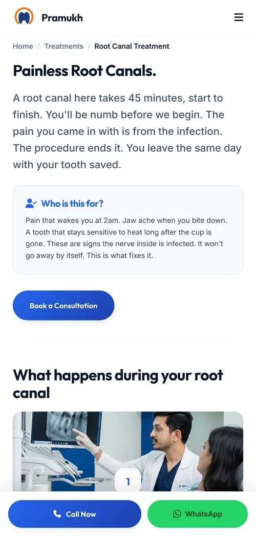 The same treatment page on a phone, with the call and WhatsApp bar fixed along the bottom of the screen.