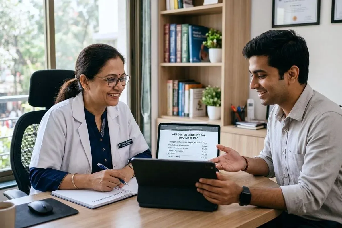 A doctor and a web designer sitting together, going through a written price estimate on a tablet between them.
