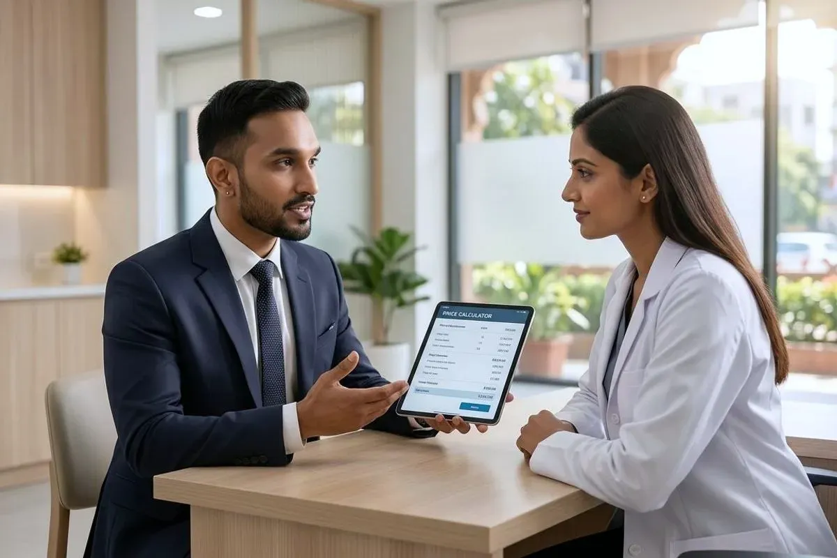 A web designer and a doctor either side of a desk, going through a price estimate on a tablet held between them.