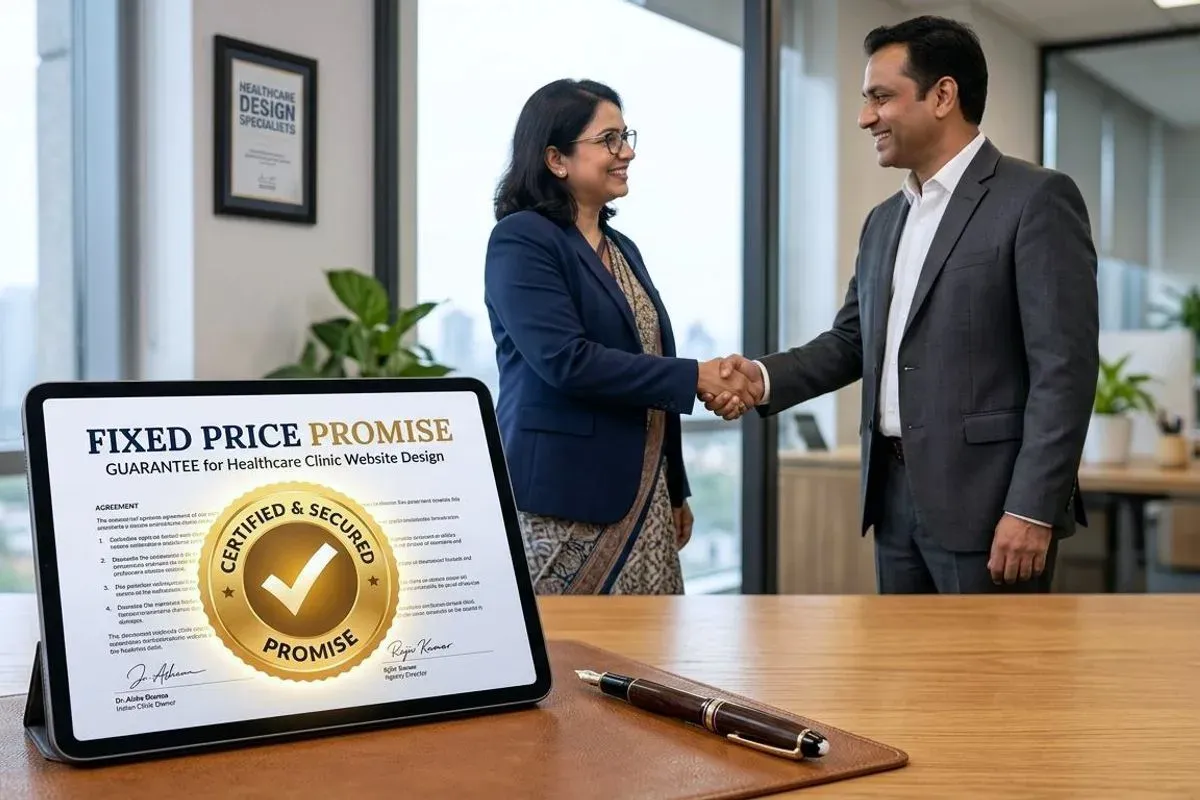 A printed fixed-price agreement with a seal on it, two people shaking hands out of focus behind.