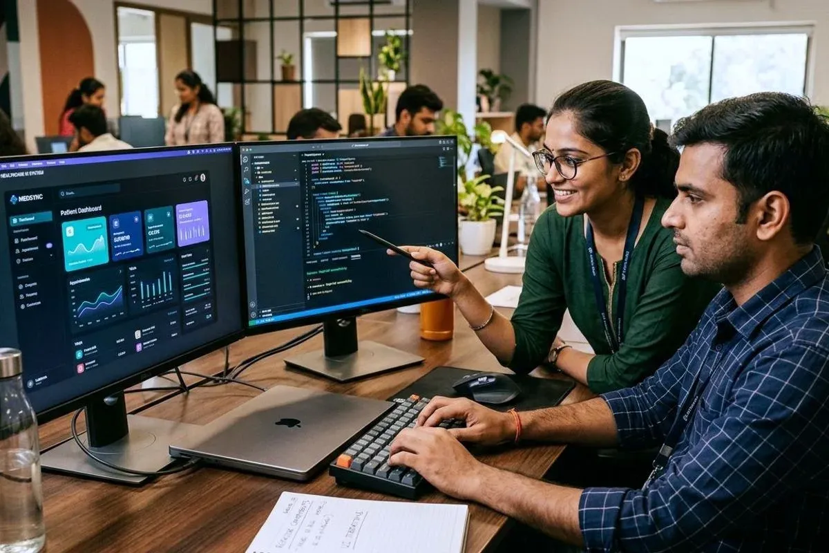 Two developers working together at a monitor showing code beside a live preview of the clinic site they are building.