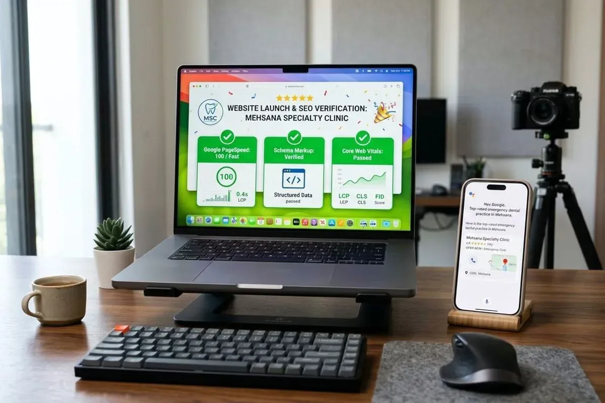 A laptop and a phone on a desk at launch: the laptop showing a launch checklist of speed, structured data and Core Web Vitals checks, the phone showing the clinic answering a spoken search.