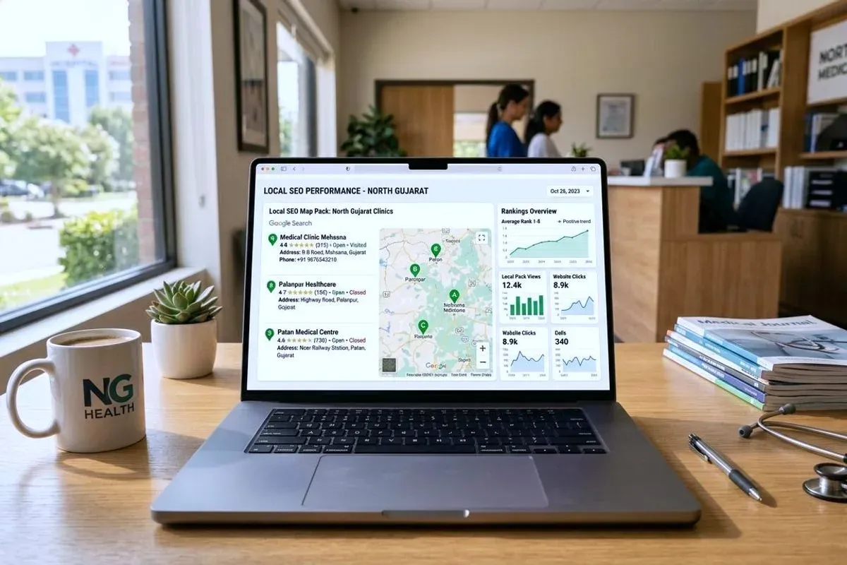 A laptop in a clinic showing local map results with pins on nearby towns, beside an upward search-traffic chart.