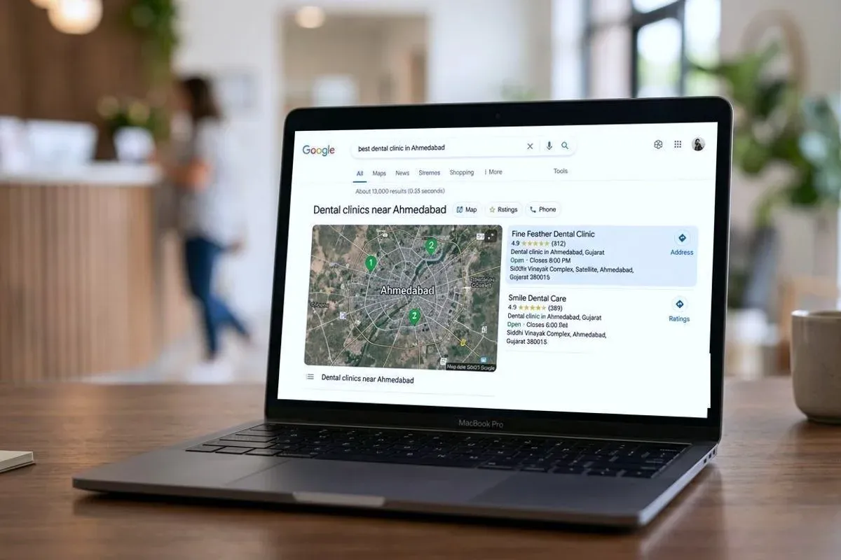 A laptop showing a search for dental clinics in Ahmedabad: a map with numbered pins beside a short list of nearby practices with their hours and addresses.