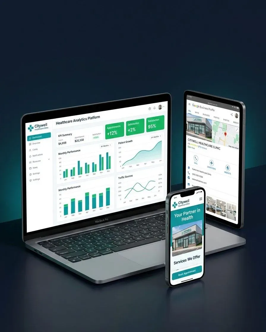 A laptop, tablet and phone side by side, each showing part of the same clinic's setup: an appointments dashboard, a Google Business Profile, and the practice website.