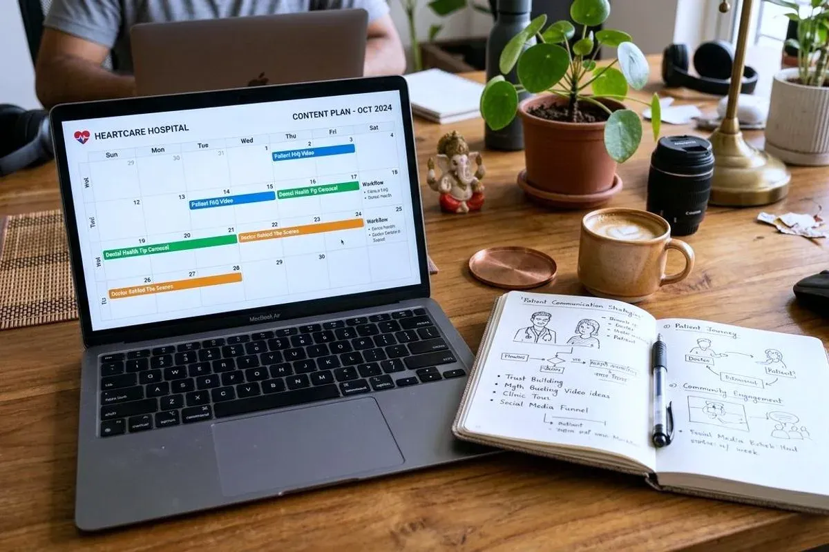 A desk with a content planning calendar open on screen, posts scheduled across the coming weeks, beside handwritten notes.