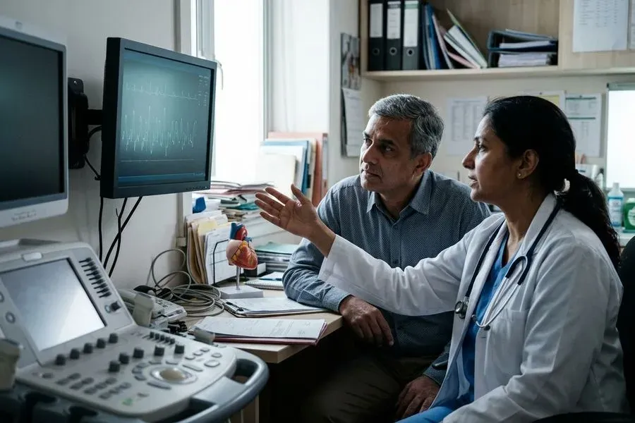 A doctor in a white coat and a man looking together at an abstract cardiac trace on a monitor in a consulting room.