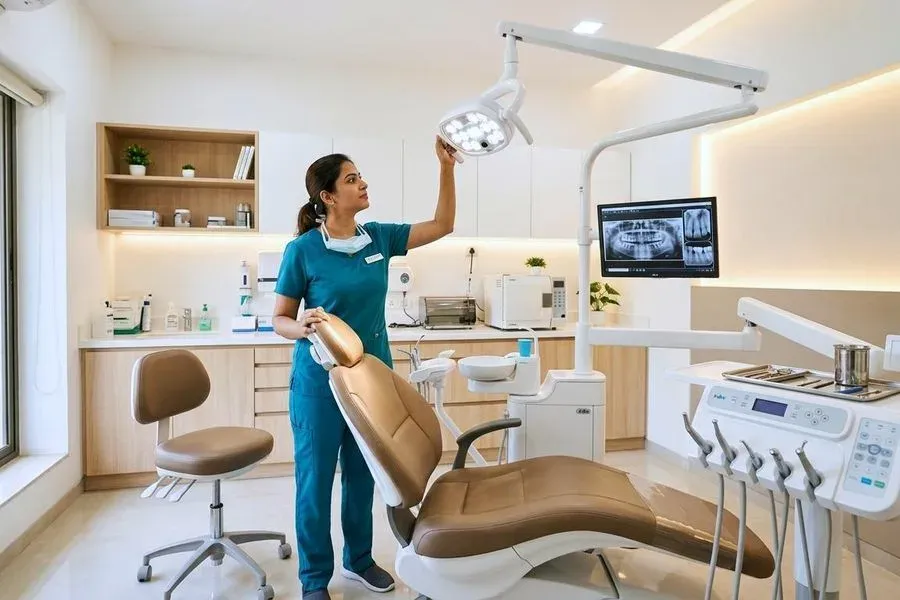 A dentist adjusting the overhead light in a bright, modern treatment room.