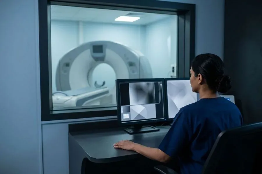 A radiographer at a console of monitors showing greyscale scan imagery, with a scanner visible through the window behind.