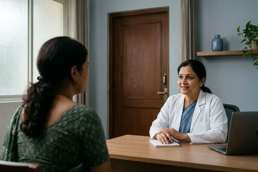 A woman doctor in a white coat listening across a desk to a patient seen from behind in a private consulting room.