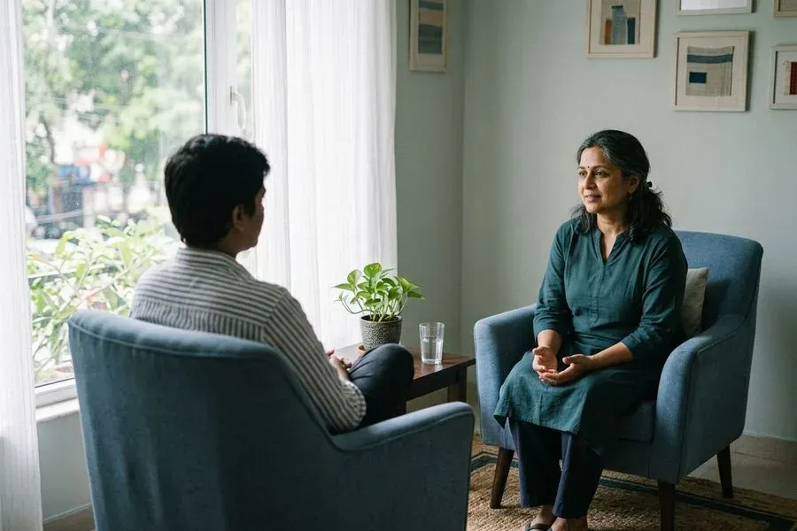 Two people talking in armchairs beside a bright window in a calm, unclinical consulting room, one seen from behind.