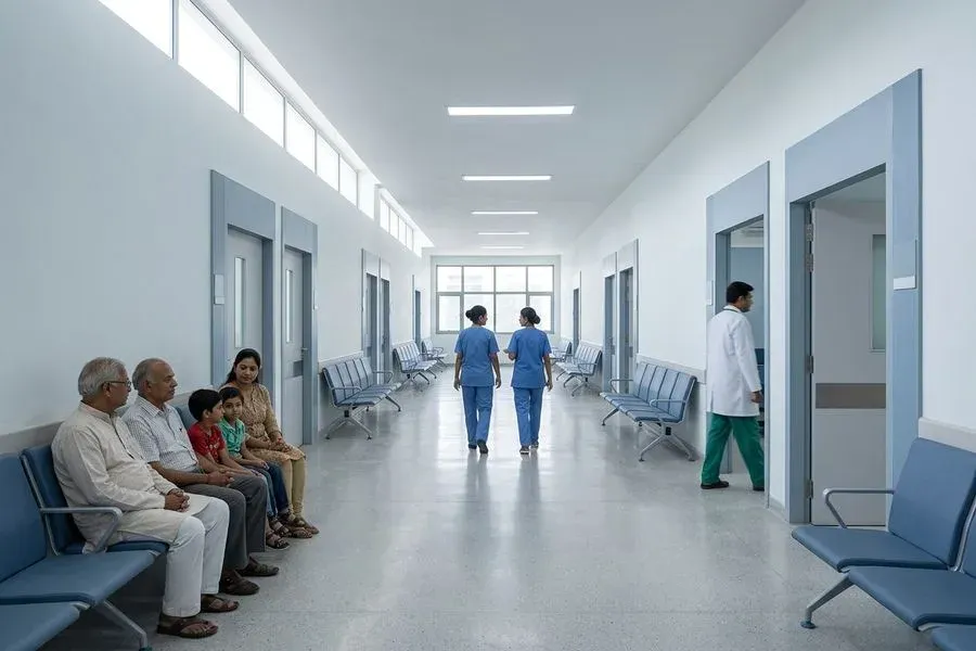 A bright hospital corridor with a family waiting in a seating bay, nurses walking away down the middle and a doctor entering a department.