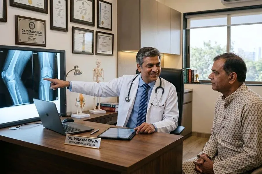 An orthopaedic doctor pointing at a knee X-ray on a screen while explaining it to a seated patient.