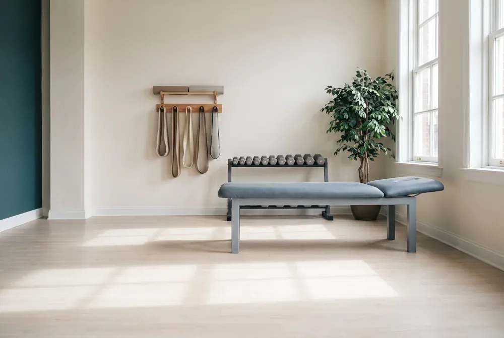 An empty physiotherapy rehabilitation room with a padded treatment couch, resistance bands on the wall and daylight from tall windows.