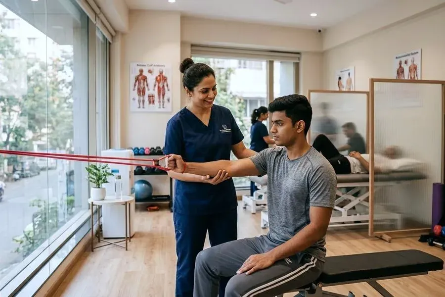 A physiotherapist guiding a patient through a shoulder resistance exercise.