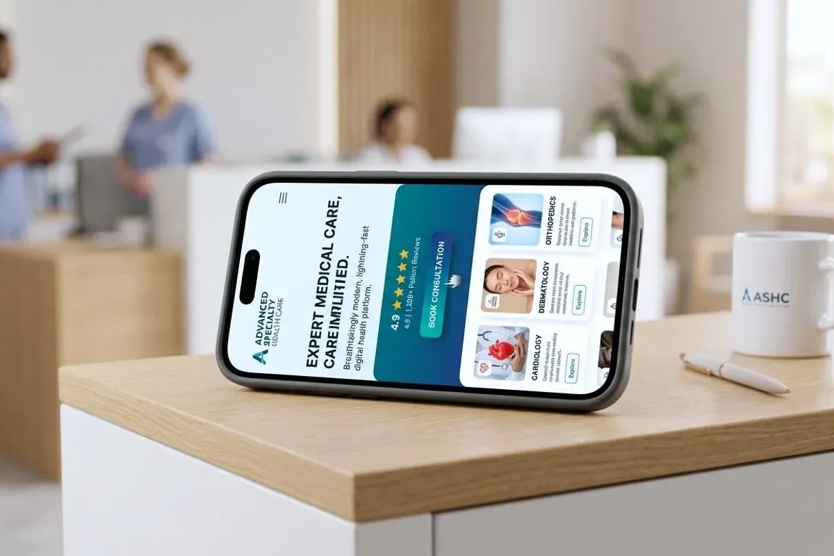 The same kind of clinic site rebuilt: a clean page on a phone, already loaded, with treatments listed and a booking button in reach.