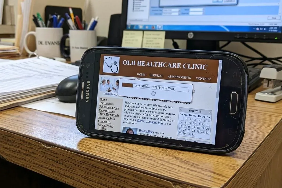 A dated clinic website on an older phone, still showing a loading bar part-way through and a cluttered page behind it.