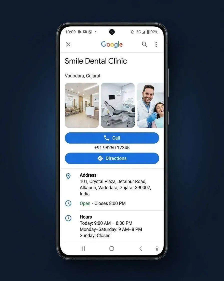 A Google Business Profile for a dental clinic open on a phone, showing the practice name, photographs of the clinic, and call and directions buttons.