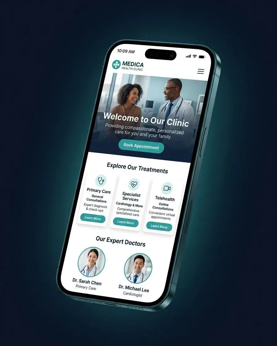 A clinic website open on a phone, showing a welcome banner, a book-appointment button and a row of treatment cards.