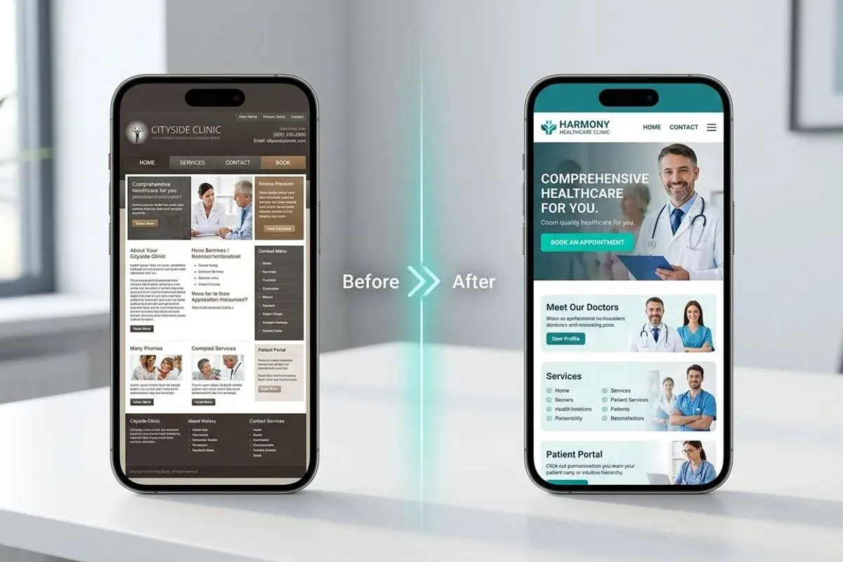 Two phones side by side: on the left a cluttered, dated clinic website with small text and a crowded menu; on the right the same practice rebuilt with a clear headline, one obvious booking button and generous spacing.
