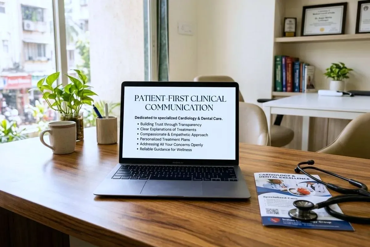 A laptop open on a desk showing a page of patient-facing clinic copy being drafted, a stethoscope resting beside it.